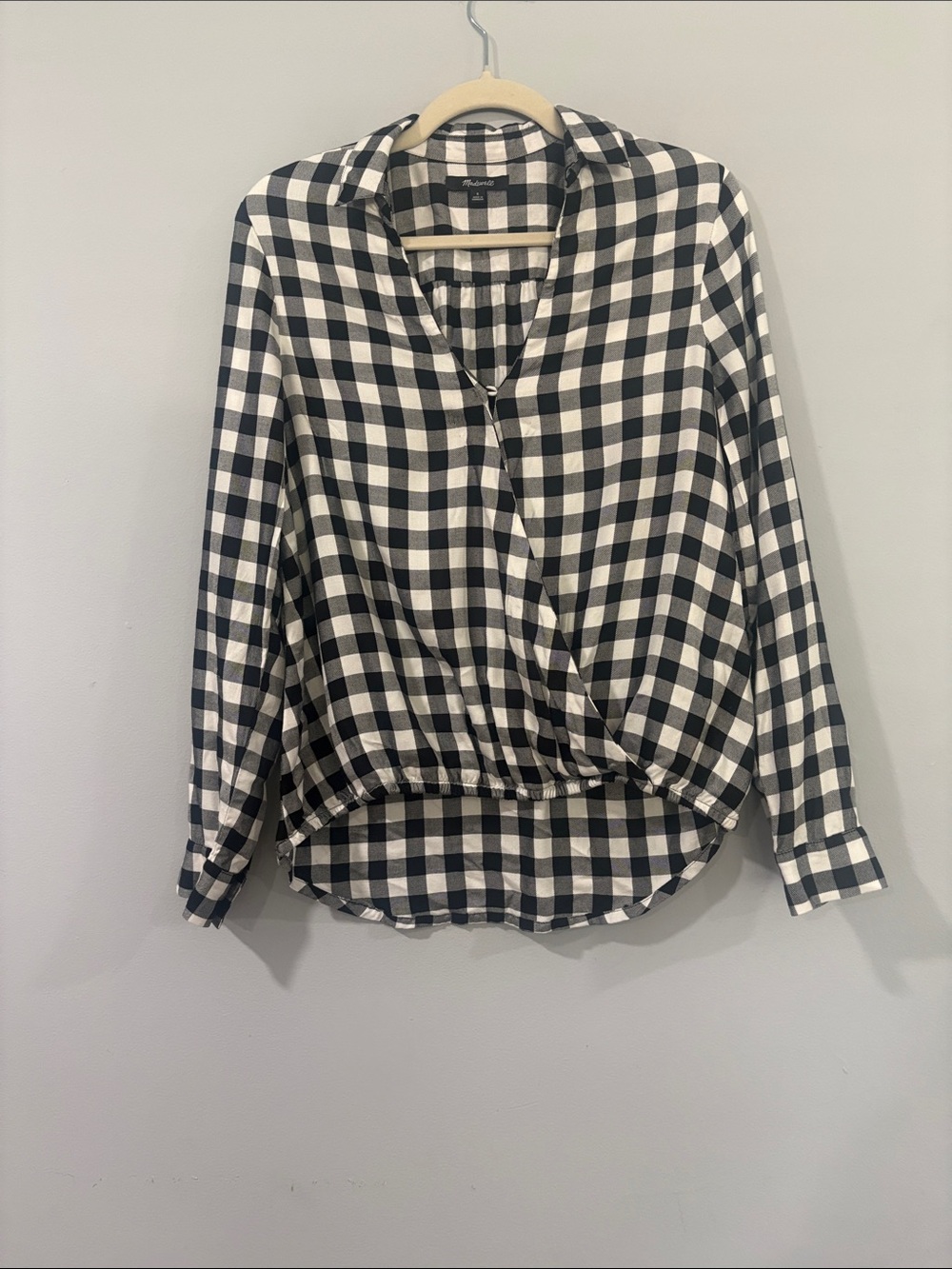 MADEWELL /PALMA BLACK & WHITE GINGHAM WRAP HEM TOP SIZE/S